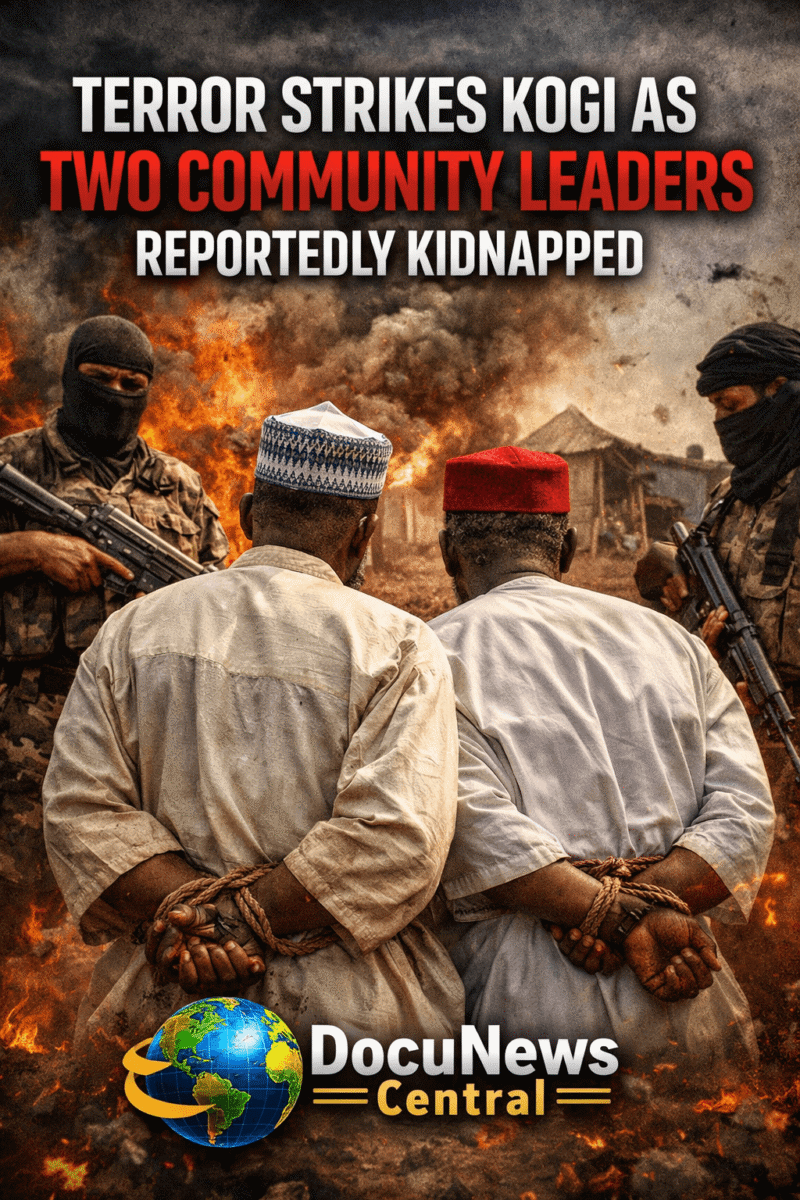 AI generated illustrations Of Two community leaders in traditional attire with hands bound, surrounded by armed bandits