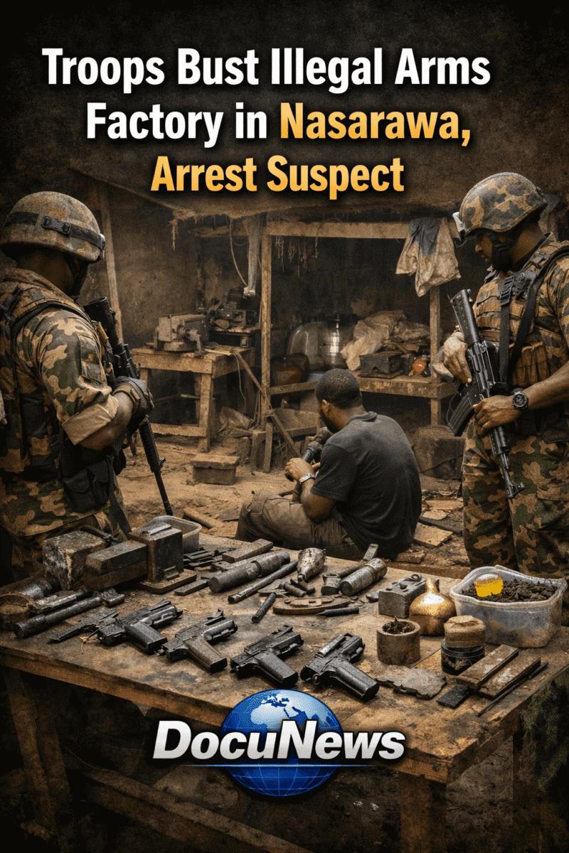 AI Generated Illustration showing were Military personnel are inspecting an illegal arms factory with various tools and weapons.