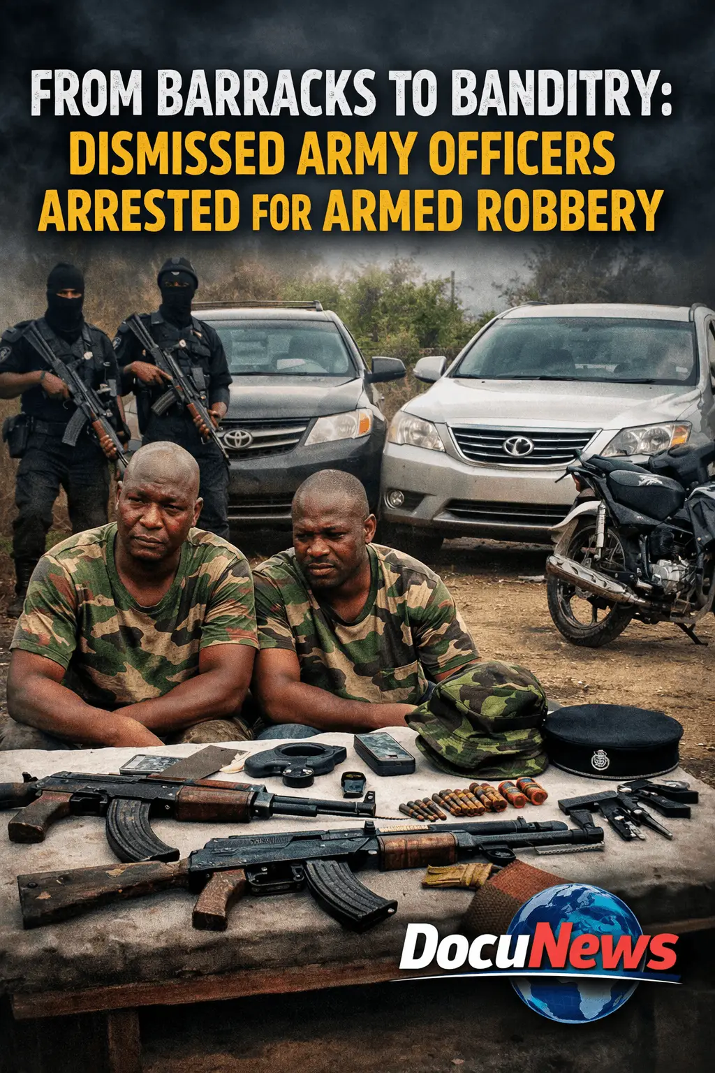 AI Generated illustration Of Two men in military attire seated at a table with firearms and military gear. they are the Dismissed Army Officers Arrested for Armed Robbery