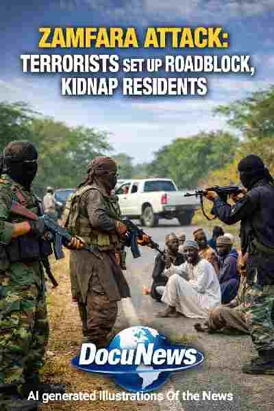 Zamfara attack image showing terrorists mounting a roadblock and abducting residents in Nigeria with DocuNews branding