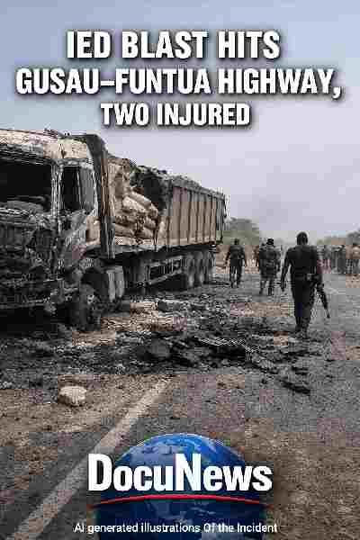IED blast on Gusau–Funtua highway in Zamfara State damages cement trailer with security personnel at the scene