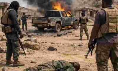AI generated illustrations Of Headline graphic showing One Dead as Suspected Boko Haram Terrorists Attack Vigilantes in Gwoza, Borno State, Nigeria, with DocuNews branding and globe design.
