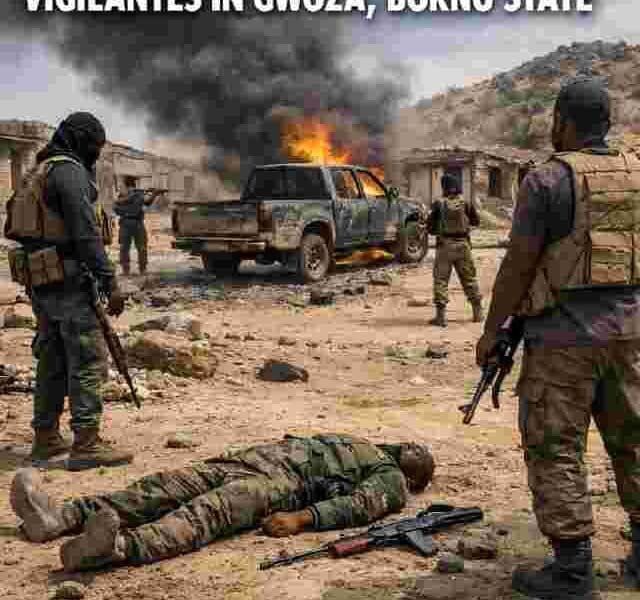 AI generated illustrations Of Headline graphic showing One Dead as Suspected Boko Haram Terrorists Attack Vigilantes in Gwoza, Borno State, Nigeria, with DocuNews branding and globe design.