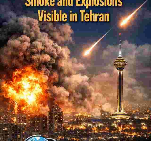 Israel confirms strike on Iran as smoke and explosions rise over Tehran skyline with DocuNews logo.