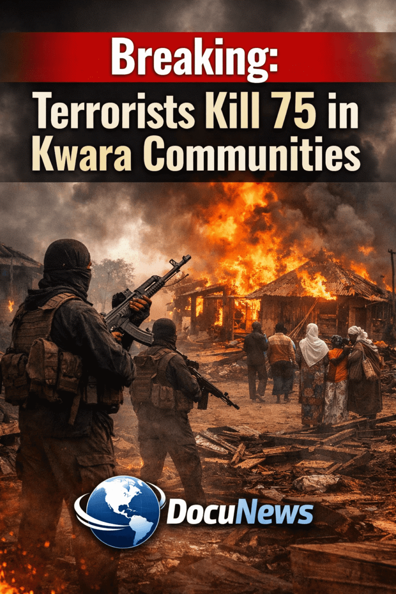 AI generated illustrations Of Professional news graphic of Kwara villages with headline “Breaking: Terrorists Kill 75 in Kwara Communities” at the top and DocuNews globe logo at the bottom, suitable for online news coverage without showing graphic content.