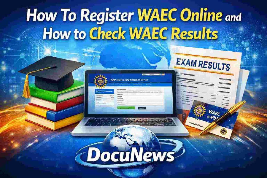 How to Register WAEC Online and Check WAEC Results - DocuNews educational guide with globe, laptop, and exam materials"