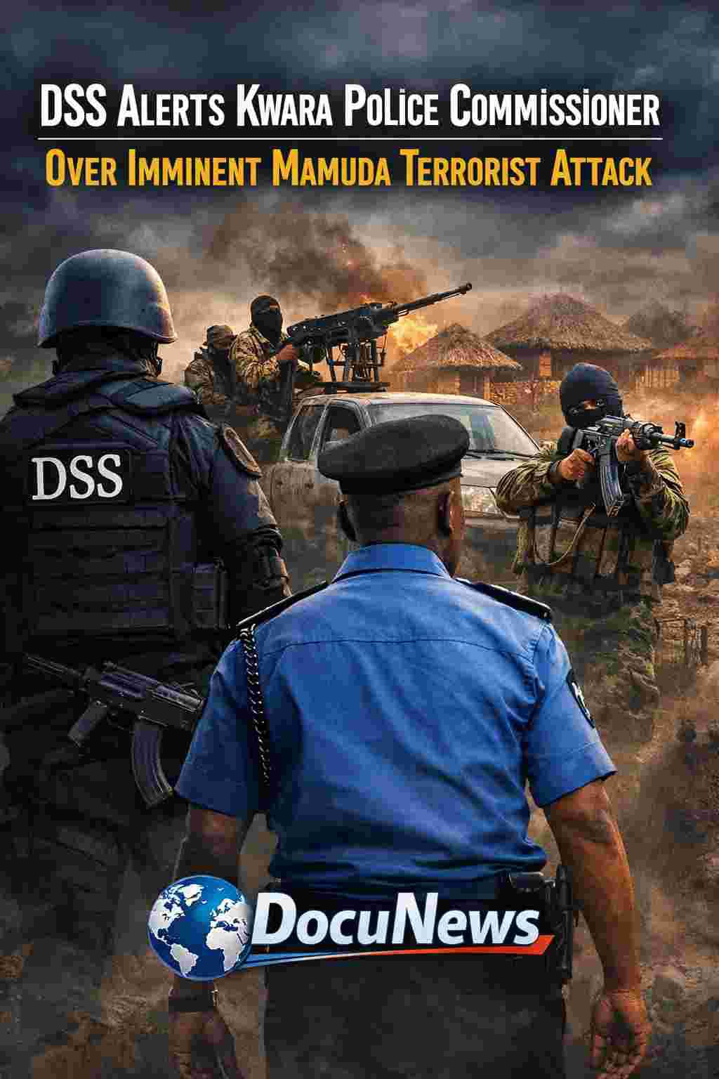 AI generated illustrations Of DSS alerts Kwara police commissioner over imminent Mamuda terrorist attack as security forces mobilize in northern Nigeria