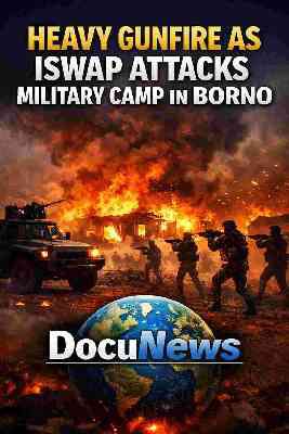 AI generated illustrations Of "ISWAP attacks military camp in Borno with heavy gunfire and fire, Nigerian soldiers respond, DocuNews coverage"