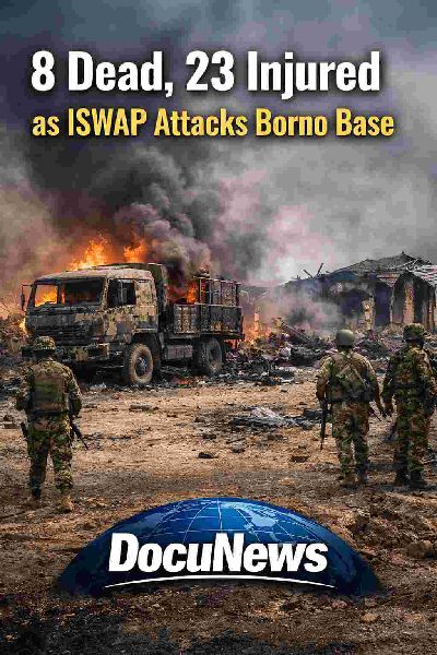 AI generated illustrations Of ISWAP attack in Borno kills 8 soldiers, 23 injured, DocuNews coverage."