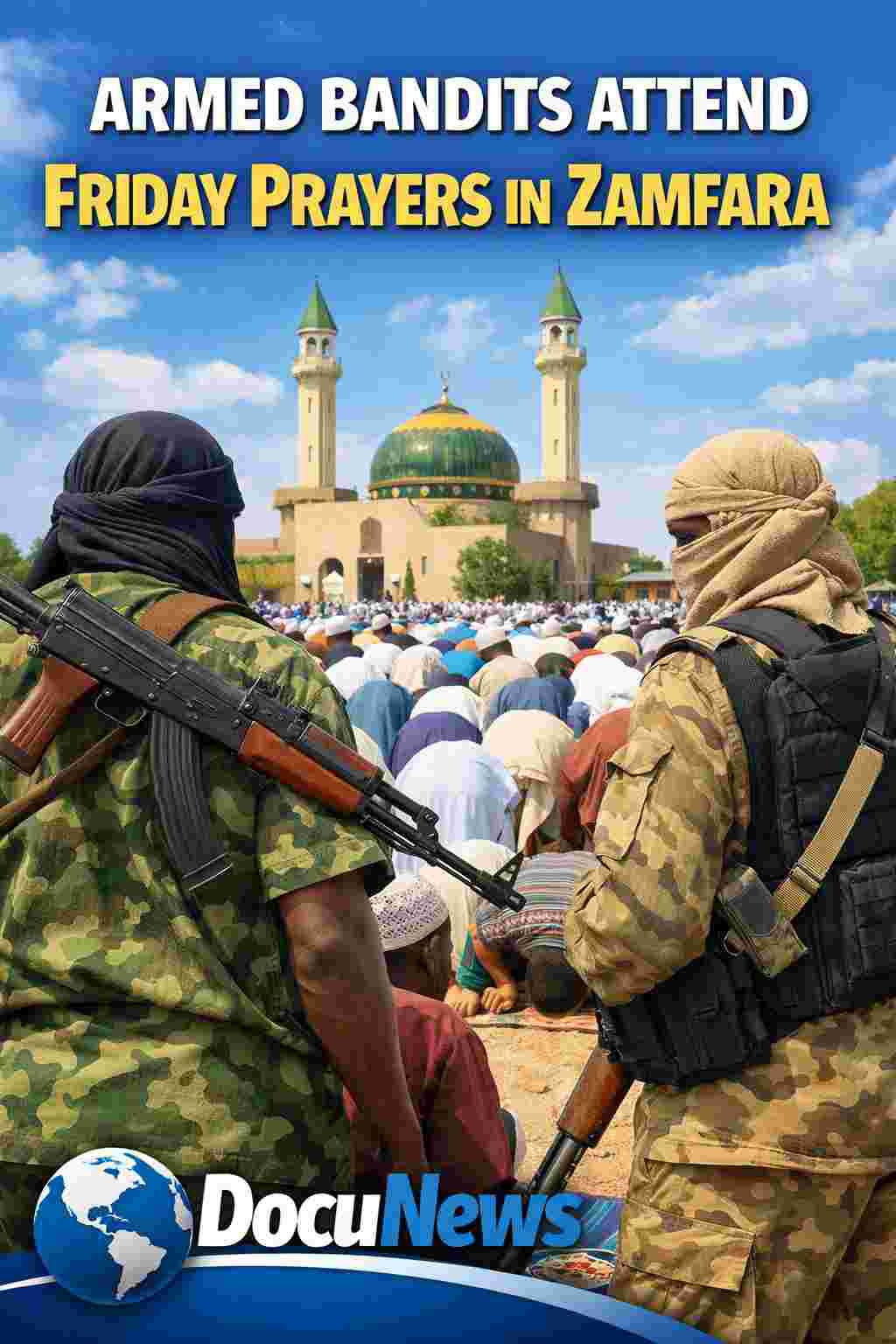 "Armed bandits in camouflage attending Friday prayers in Zamfara, Nigeria, with civilians in mosque courtyard"