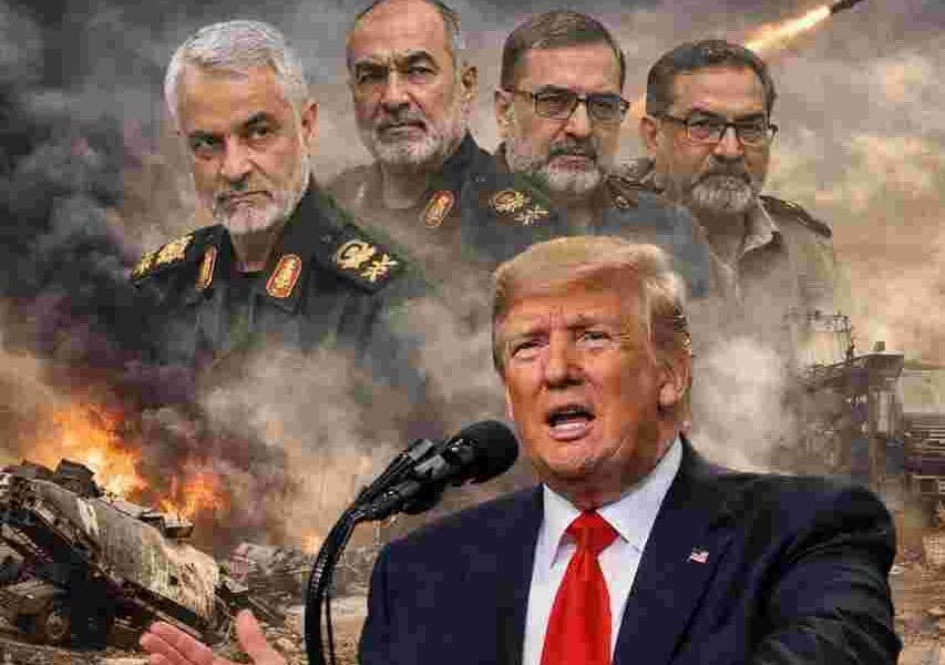 Breaking news graphic showing Iran military leadership wiped out announcement by Donald Trump amid U.S. and Israel tensions.
