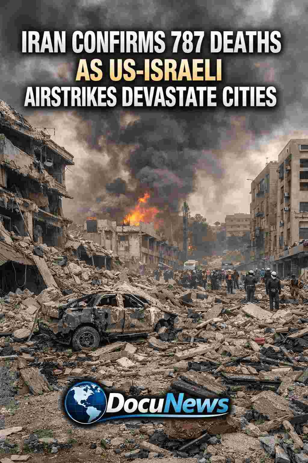 Iran confirms 787 deaths after US-Israeli airstrikes devastate cities, showing destroyed buildings and heavy smoke with DocuNews branding.