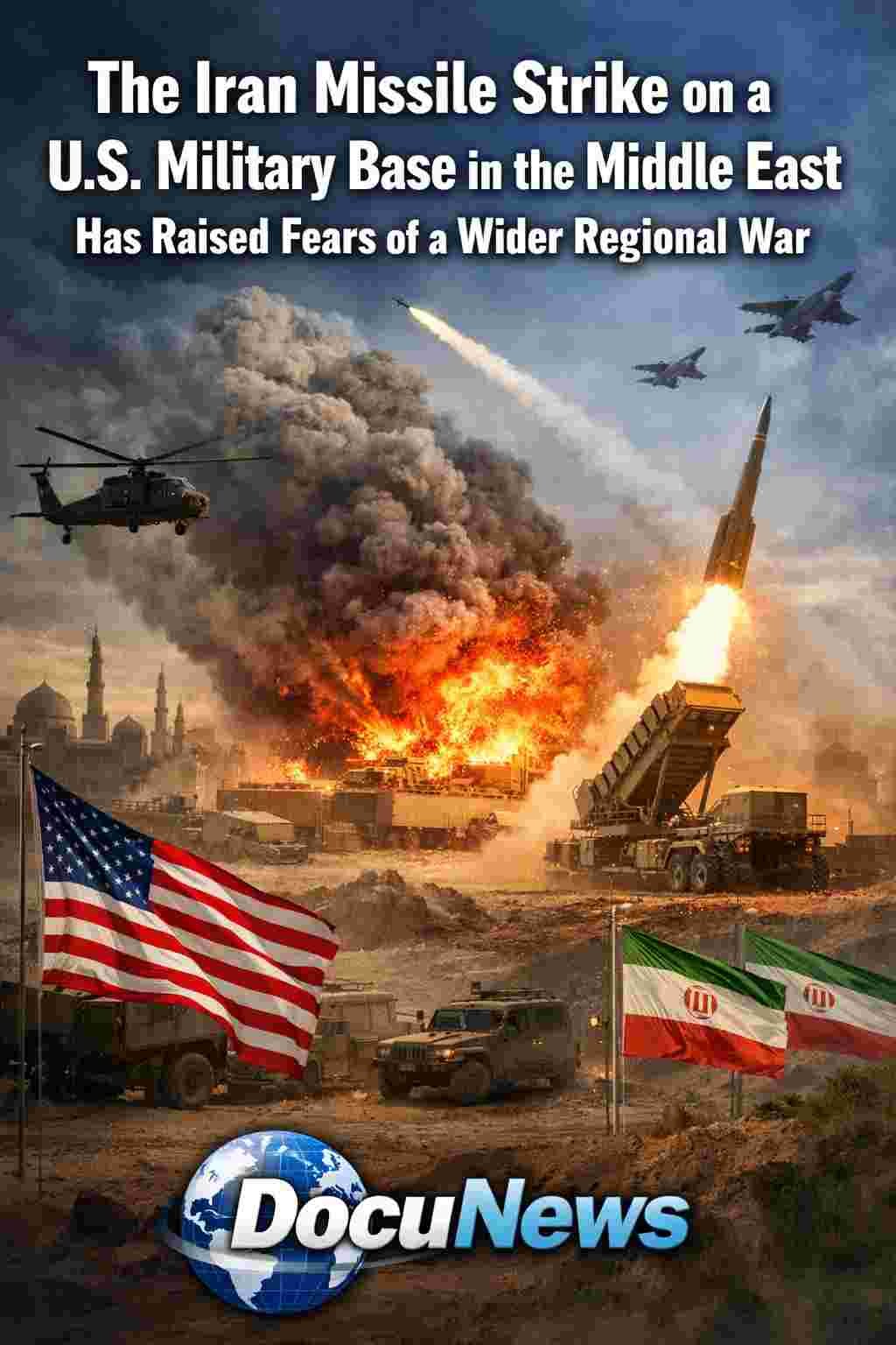 Iran missile strike illustration showing attack on U.S. military base in the Middle East with DocuNews logo and bold headline.