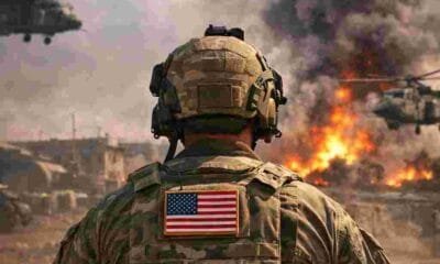 AI generated illustrations Of Seventh U.S. service member killed in Iran war – American soldier overlooking Middle East battlefield with helicopters and military base